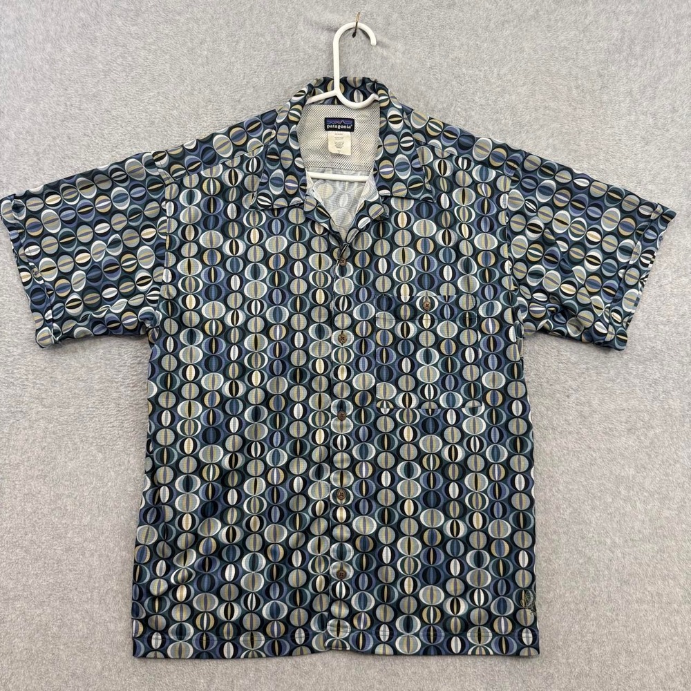 Patagonia Inyo Rhythm Button Shirt Men's L Blue Geometric Polyester Loop collar